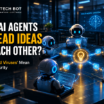 Illustration of AI agents communicating and potentially spreading self-propagating ideas in a multi-agent network.