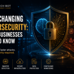 AI cybersecurity threat landscape concept showing AI intelligence on one side and protected enterprise infrastructure on the other, with dark navy and gold brand colors