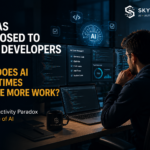 Developer working with AI coding tools on multiple screens, showing both increased productivity and the hidden work of reviewing and debugging AI-generated code